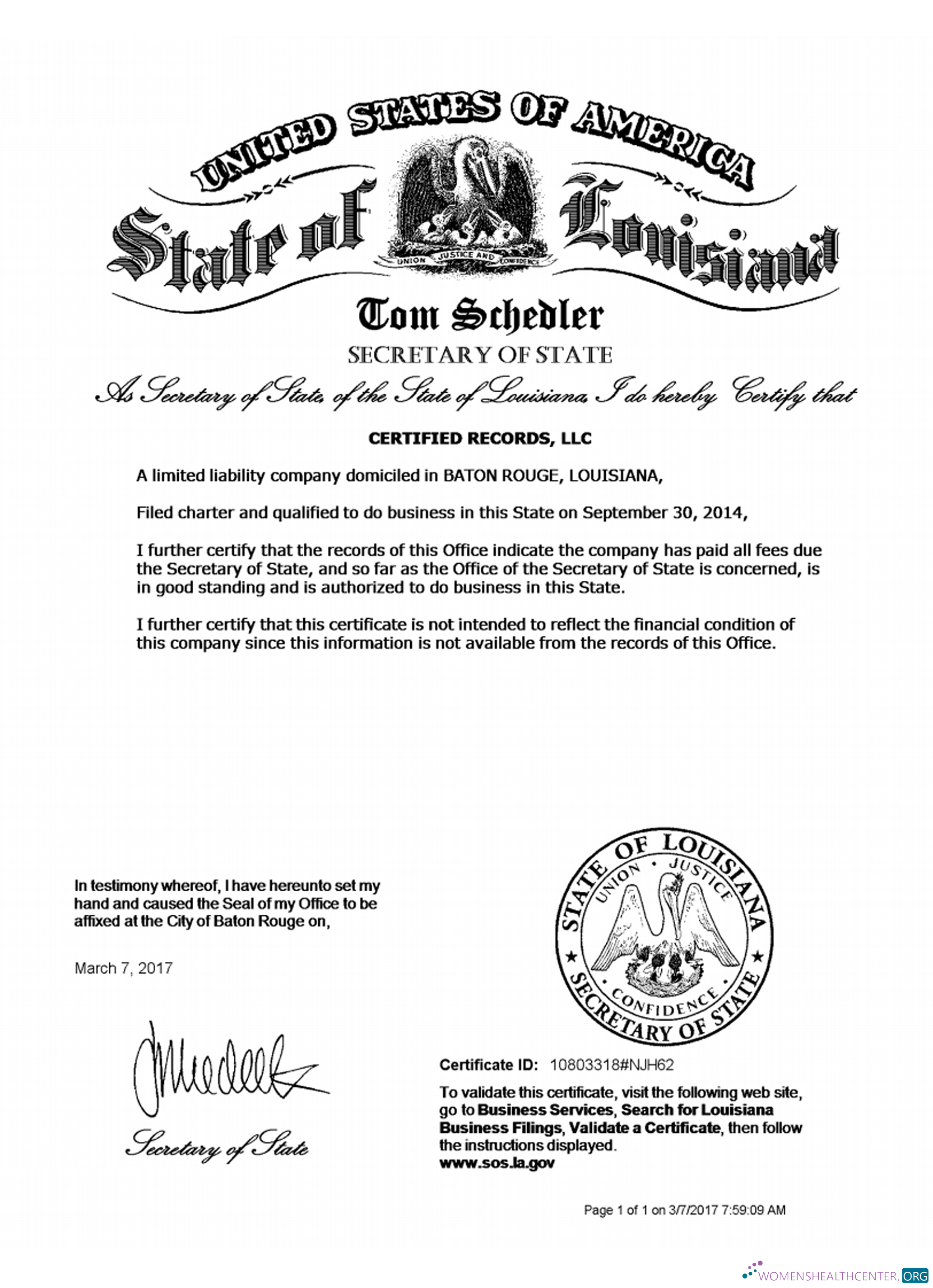 Download USA Louisiana certificate of good standing Photoshop template